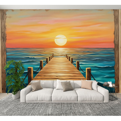 Papier peint adhésif peler et coller, jetée en bois menant à l'océan serein, peintures murales coucher de soleil H 100 po x l 144 po, papier peint amovible en PVC auto-adhésif pour chambre à coucher, bureau à domicile