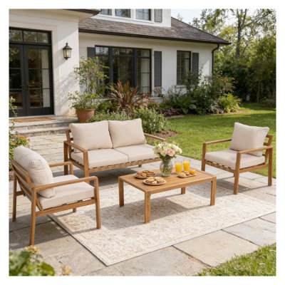 4-Piece Outdoor Patio Furniture Set, All-Aluminum Frame Conversation Set with Realistic Wood Grain Finish, Yellow and Grey
