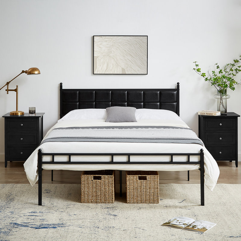 Geneal Upholstered Bed Frame with Faux Leather Tufted Headboard Twin Full Queen Size Bed, Queen, Black