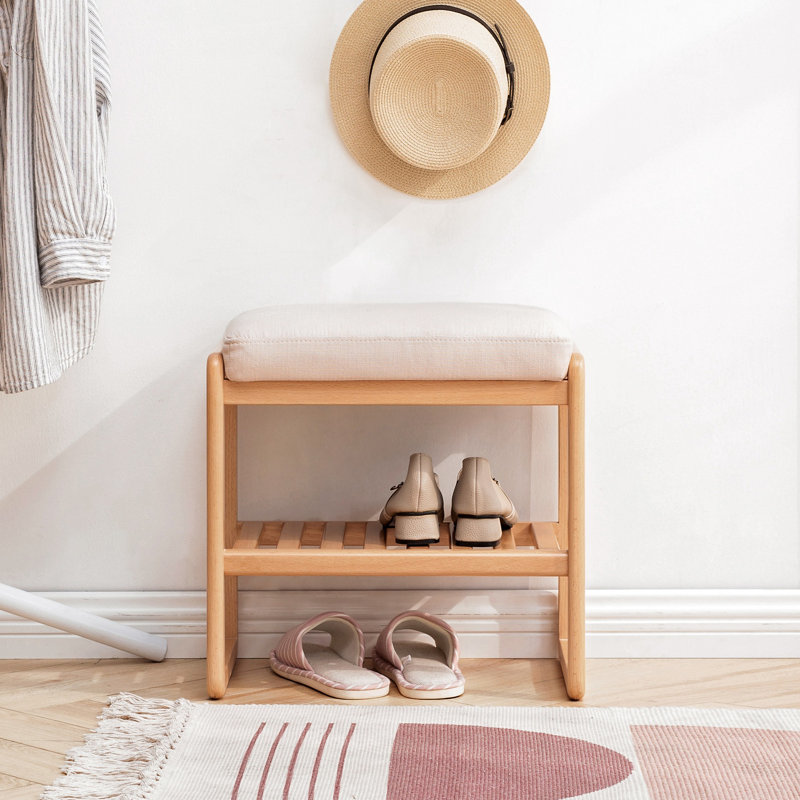 Banc à chaussures en bois massif, étagère de rangement en bois de hêtre avec coussin éponge à rebond élevé