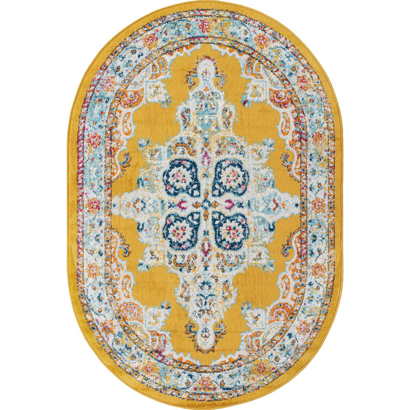 Tapis oriental jaune Armgard, Ovale 7 pi 10 po x 10 pi