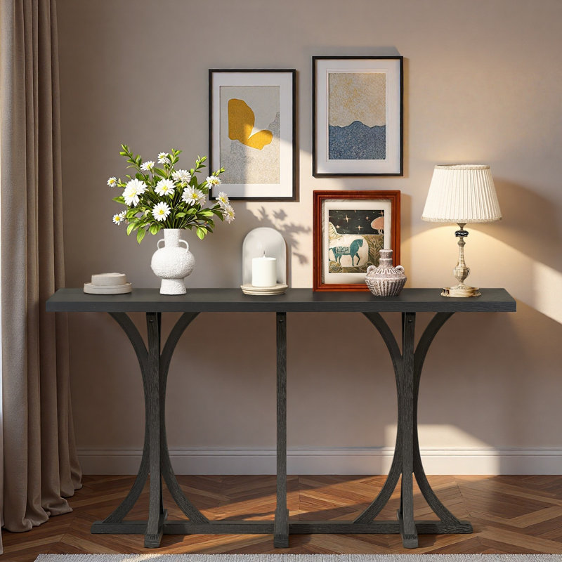 Console en bois avec plateau en placage de chêne et pieds courbés, Noir