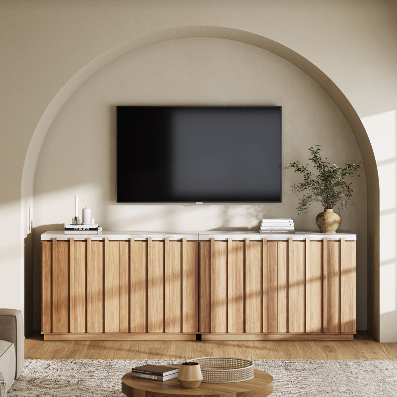 Set of 2 Modern Buffet Sideboard with Faux Marble Top, Camel