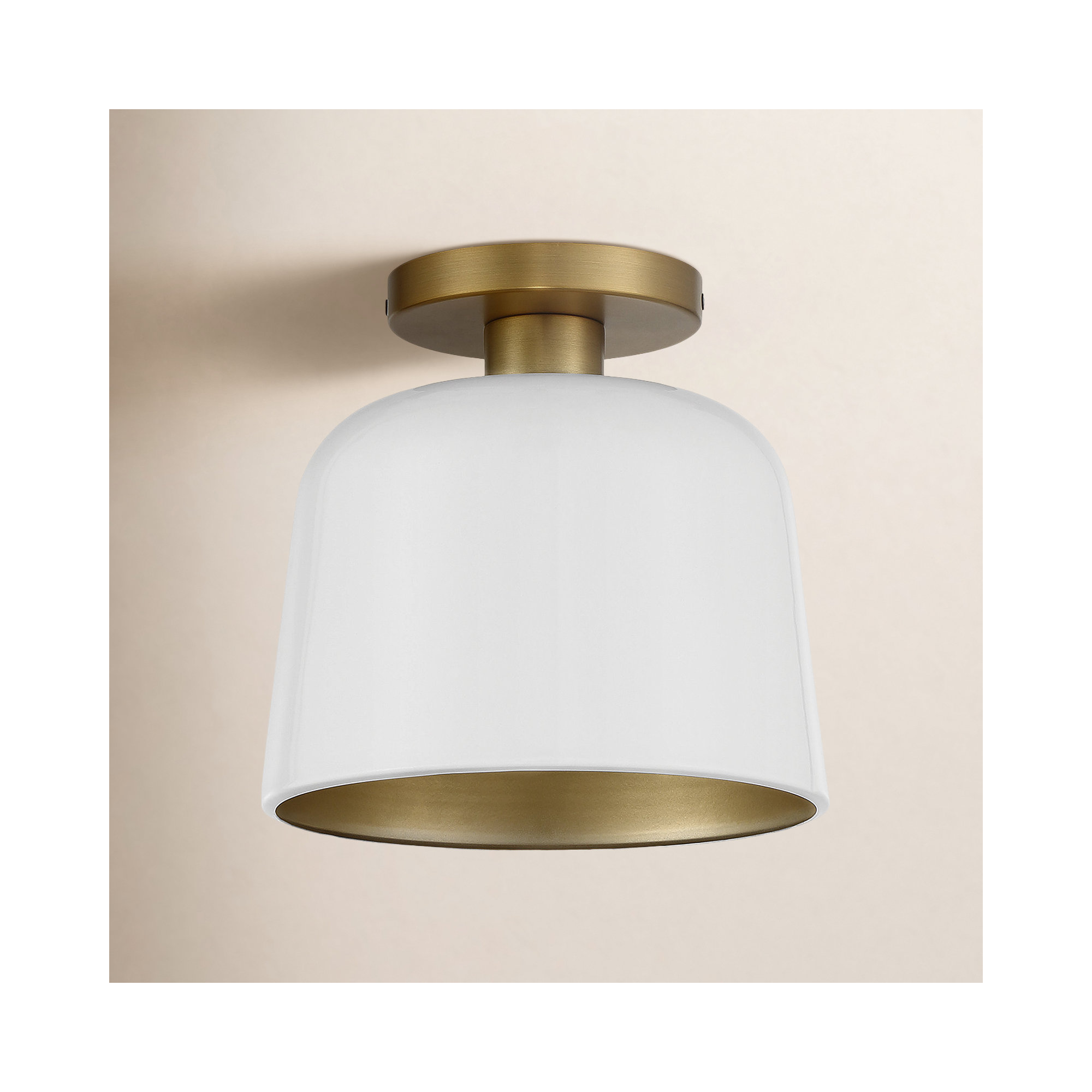 Che Single Light Metal Semi Flush Mount, Natural Brass, White