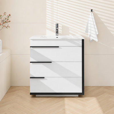 30" Modern Bathroom Vanity Base Cabinet Only, Freestanding Wall Mounted Bathroom Storage Cabinet with 3 Soft-Close Drawers, Custom Artistic Metal Handles, White & Black Contrast Finish, Premium MDF Construction, No Sink