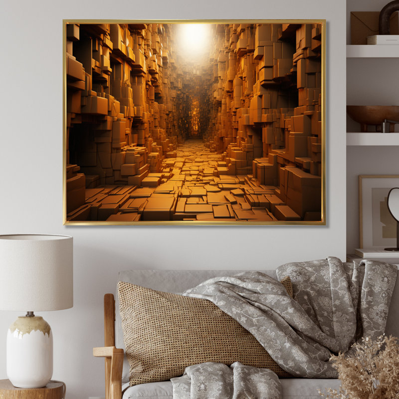 Tunnel géométrique jaune I sur toile, Cadre flottant doré, H 16 po x l 32 po x P 1 po