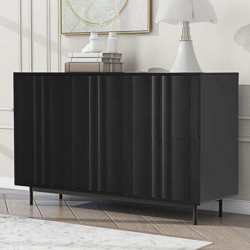 Armoire de rangement à motif de vagues avec 2 portes et 2 tiroirs, armoire d'entrée, Noir, noir, noir, noir