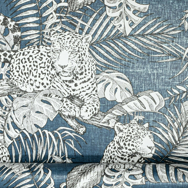 Grey Ochre Yellow Blue Linen Effect Metallic Damask Leopard Feature Wallpaper[FULL ROLL - Mamboa Blue 173523]