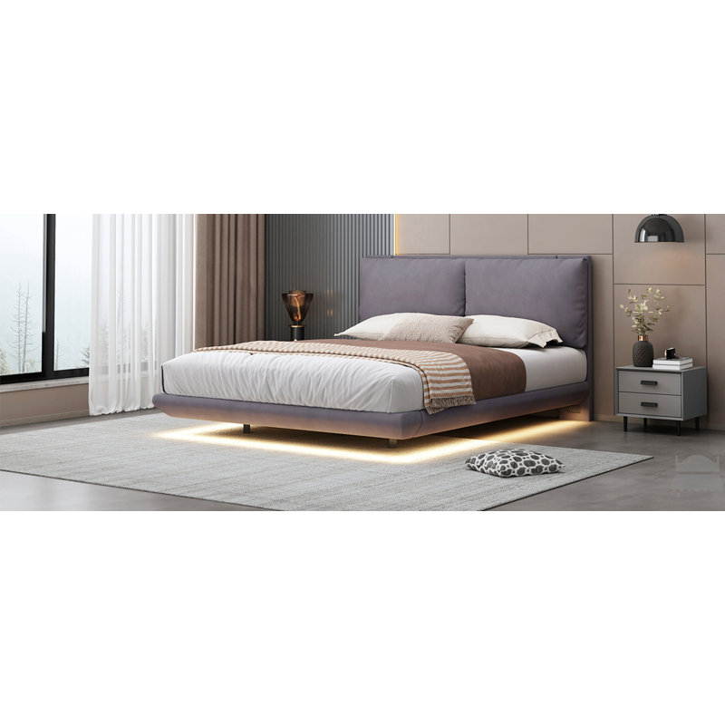 Lit plateforme tapissier avec capteur de lumière et 2 grands dossiers, lit plateforme élégant avec 2 ensembles de ports et prises USB