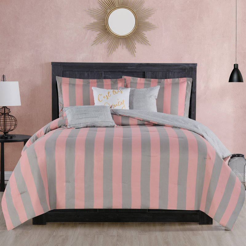 Juicy Couture Cabana Stripe Comforter Sets, Twin/Twin XL Comforter + 1 Sham + 3 Throw Pillows, Gray/Pink