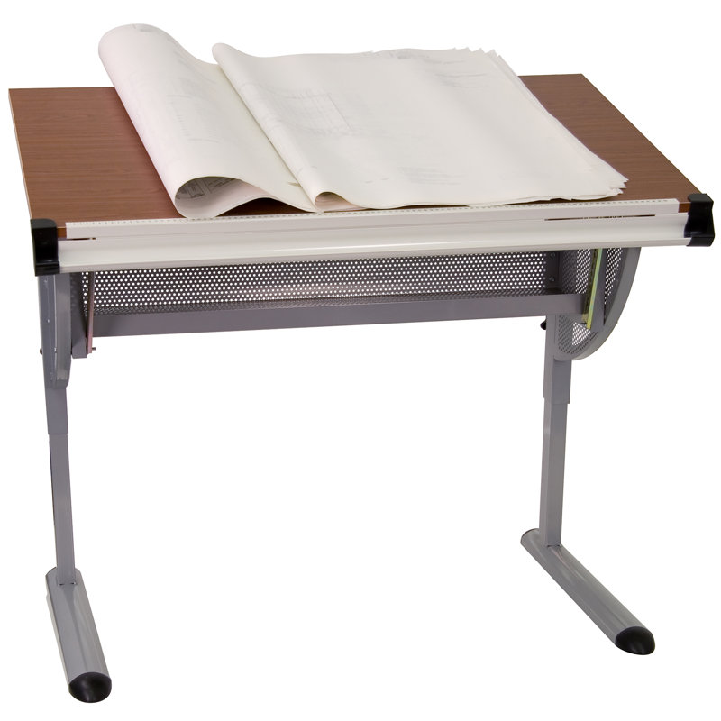 Adjustable Drawing and Drafting Table with Pewter Frame and Lower Supply Tray, Pewter