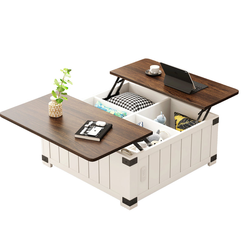 White and Brown Square Lift-Top Coffee Table with Storage