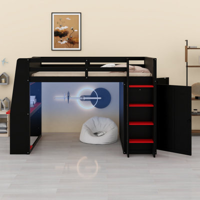 Structure de lit mezzanine polyvalente avec bureau d'étude, tablettes, lumières DEL et garde-robe à double porte