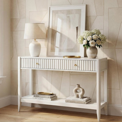 Narrow Wood Console Table with 2 Drawers & Open Shelf, 11.8" Deep Small Space Sofa Table, White Entryway Console Table for Hallway, Living Room & Bedroom