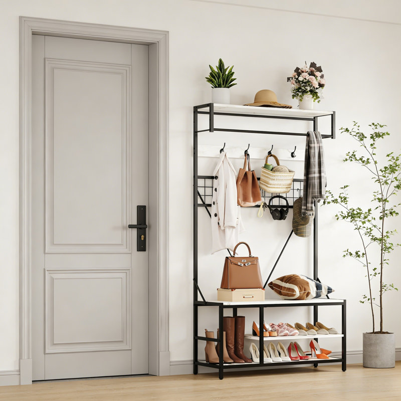 5-In-1 Hall Tree With Bench And Shoe Storage, Coat Rack With Shoe Bench, Adjustable Shelf, Hanging Rod And 9 Hooks, Entryway Coat And Shoe Rack For Hallway, Mudroom, Bedroom, Charred Wood Finish