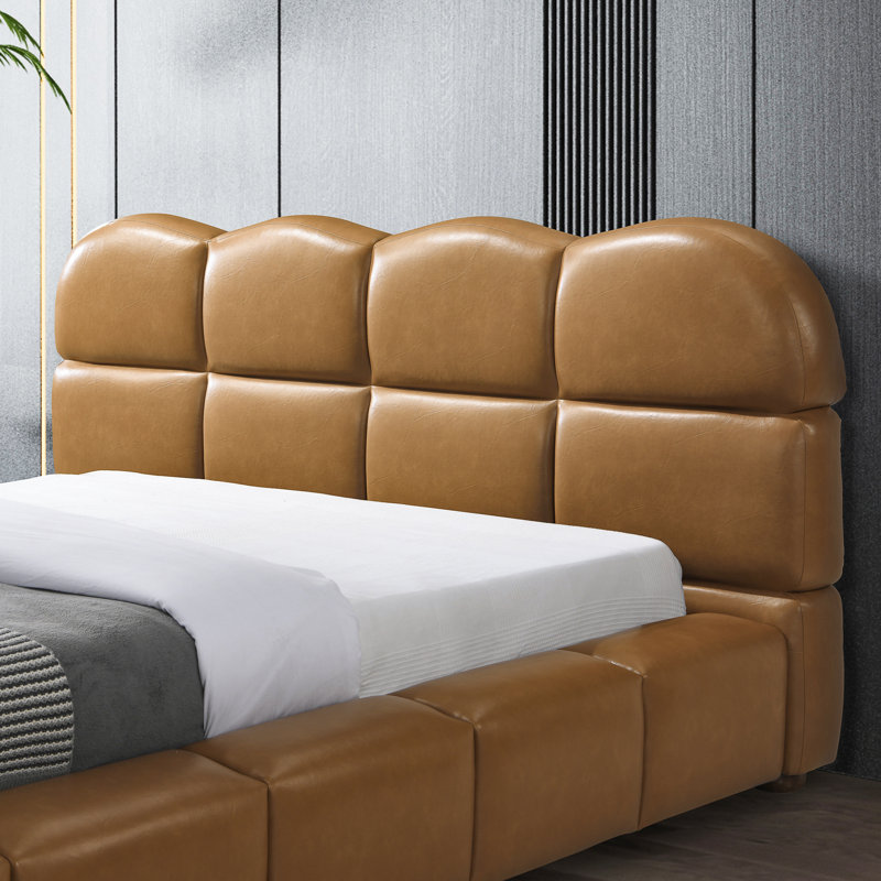Marietta Mid-Century Modern Platform Bed With Biscuit-Tufted Headboard, Queen