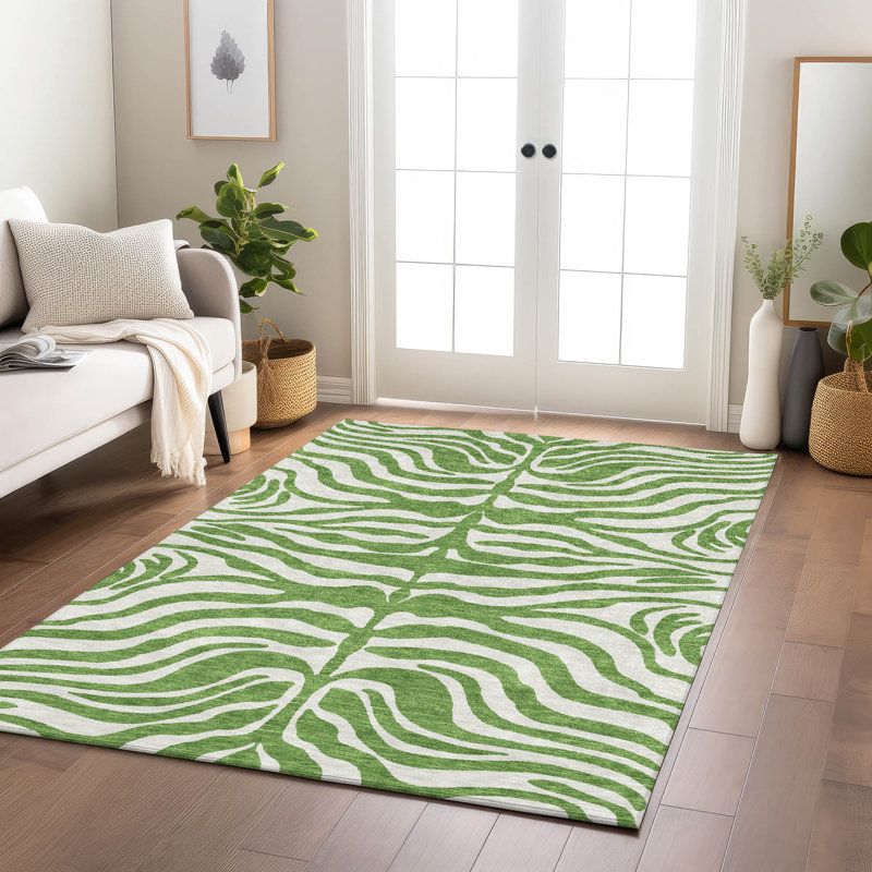 Green and Off-White Zebra Pattern Washable Synthetic Area Rug