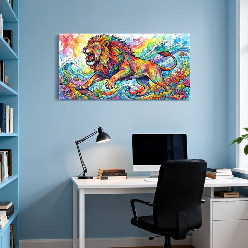 Animaux, lion coloré, vagues océaniques, récif corallien, H 28 po x l 58 po