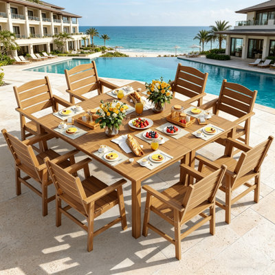 Ensemble de salle à manger d'extérieur toutes saisons 10 pièces Ensemble de salle à manger d'extérieur avec trou pour parasol et structure en aluminium Ensemble de salle à manger d'extérieur moderne pour 8 personnes pour cour arrière / porche / terrasse, 2 tables, 8 chaises, teck
