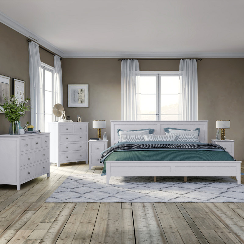 White Solid Wood 5 Pieces Bedroom Sets(Bed+Nightstand*2+Chest+Dresser), Full