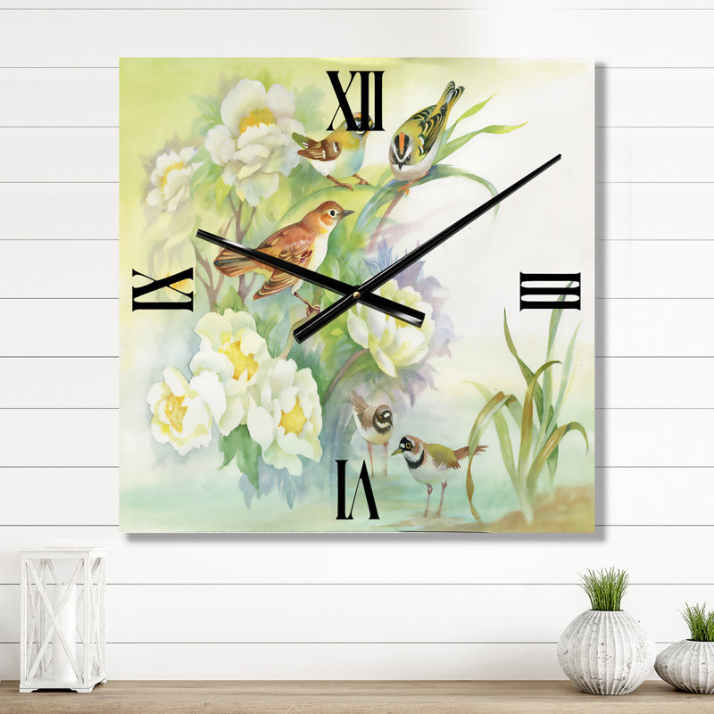 Horloge murale fleurs et oiseaux dans un paysage rustique, Très grand