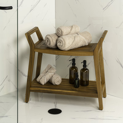 Orla 25.6" Modern Classic Slatted Solid Acacia Wood Indoor/Outdoor Shower Bench with Shelf and Handle