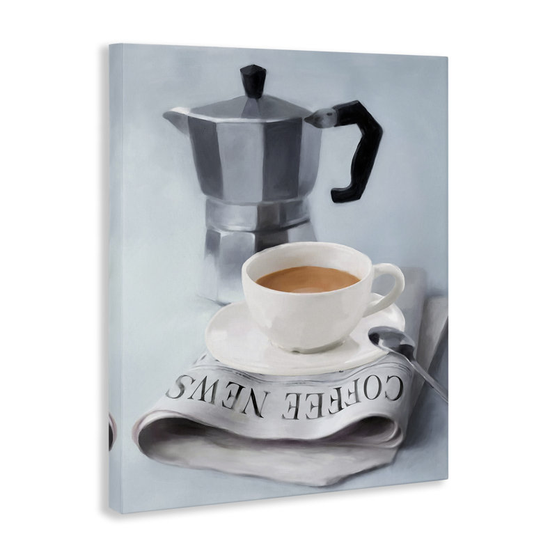 Espresso café et journal, art mural par Carol Robinson, H 20 po x l 16 po