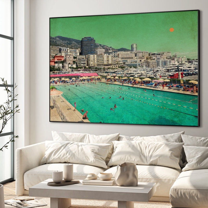 Très grande reproduction d'art sur tissu - Coastal City, bord de piscine, bord de mer, paysage urbain, décoration pour le salon ou la chambre à coucher - «Assemblage requis du cadre (cadre non fini)»