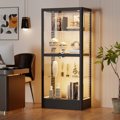 63" Freestanding 4-Sided Glass Display Cabinet With Magnetic LED Light Strip by Wrought Studio