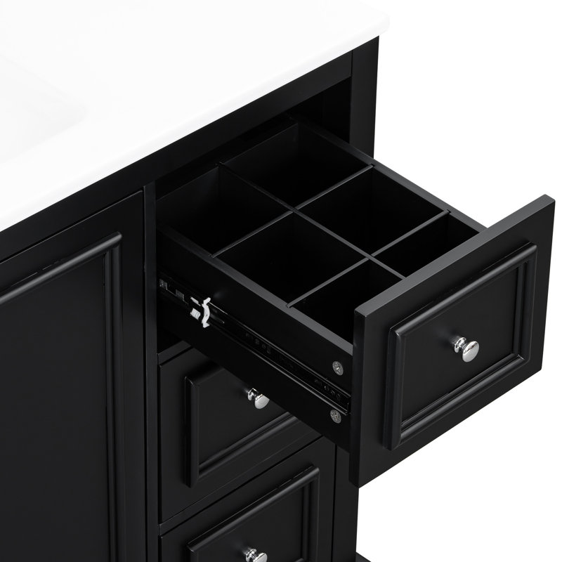 Meuble-lavabo de style transitionnel de 91 cm (36 po) avec poignée argentée, grand espace de rangement et charnières à fermeture douce. Structure en bois massif, lavabo en céramique et rangement astucieux.