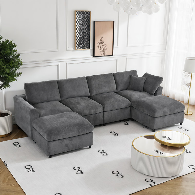 Canapé modulaire Nordic avec tissu en chenille doux et structure en bois massif, 6, Gris