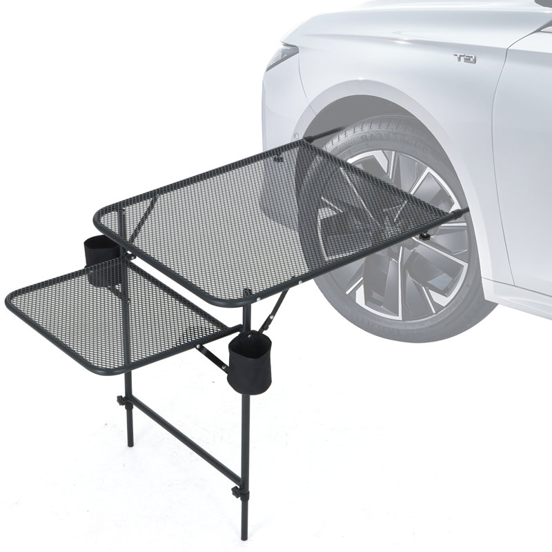Voiture, table de camping avec porte-gobelets, surface en filet, panneau à oreilles, robuste pour l'extérieur, camping, pique-nique