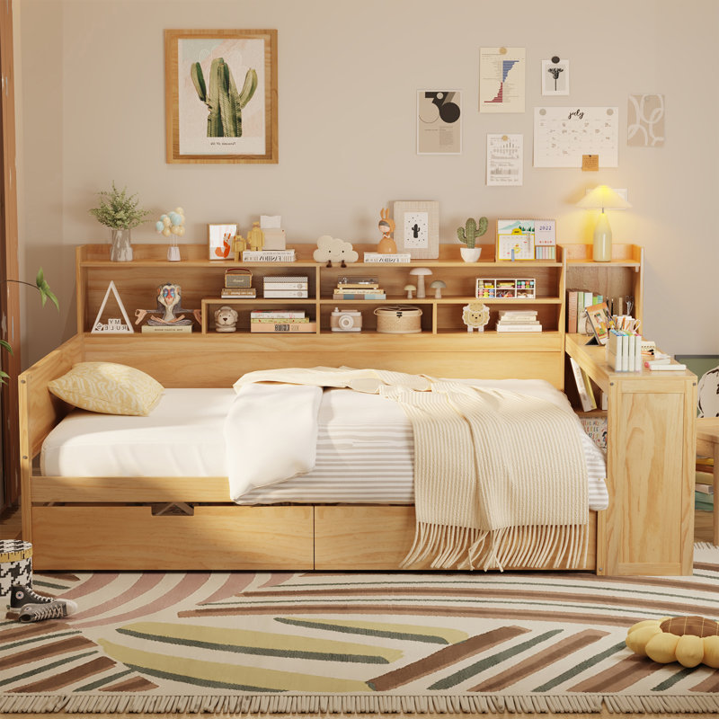 Wooden Daybed with Storage Shelves, Multi-functional Bed, Natural, Full/Double