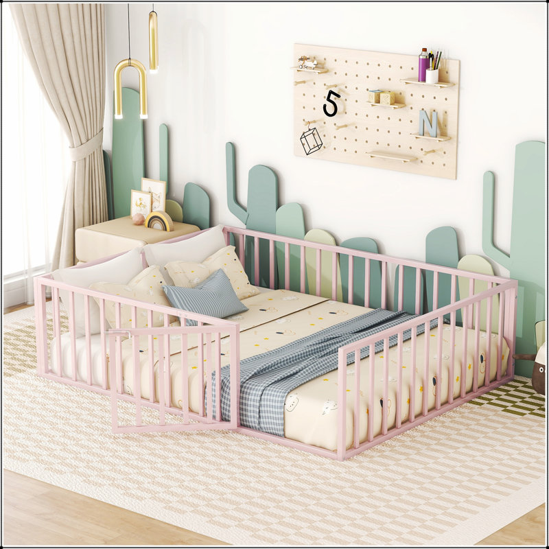 Queen Size Metal Floor Bed Frame With Fence And Door, Versatile And Durable For Modern Living, Pink