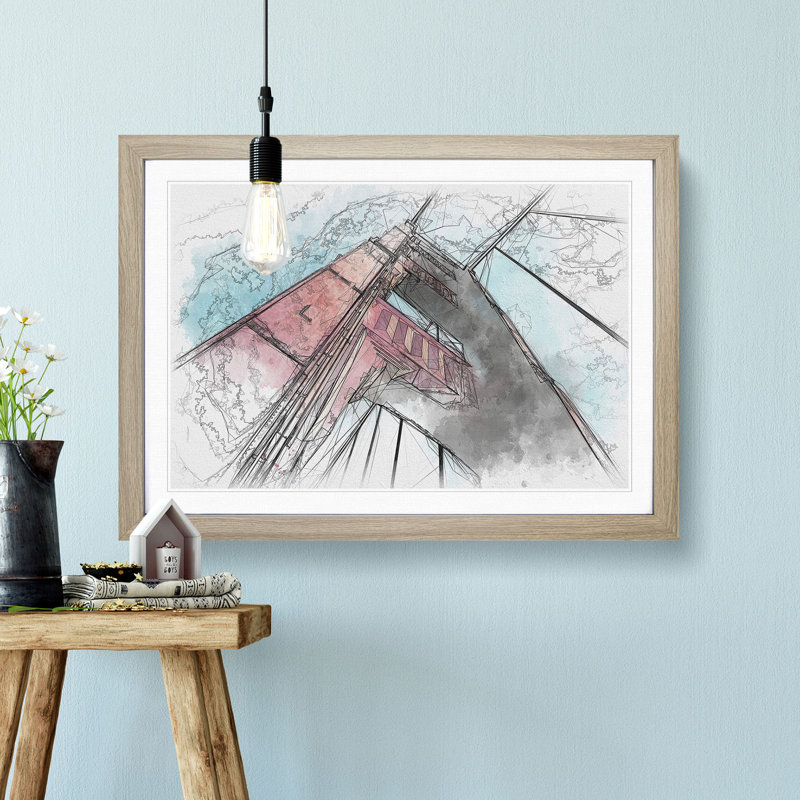 View of the Golden Gate Bridge in San Francisco Sketch - Picture Frame Graphic Art Print, Oak Framed, 36cm H x 48cm W x 2cm D