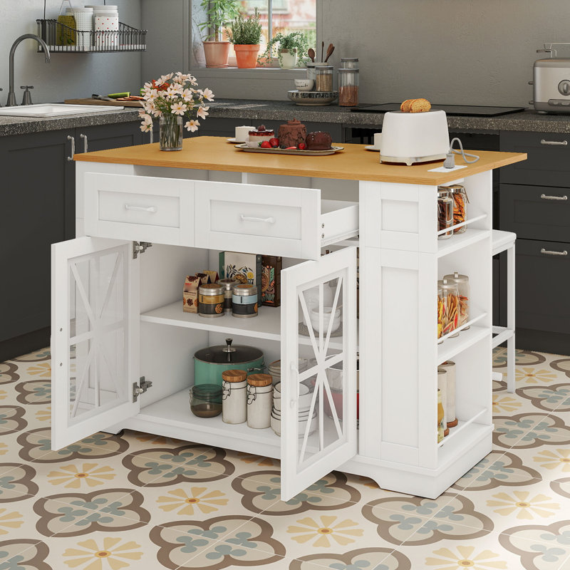 Grand îlot de cuisine portable Medeeha avec rallonge de rangement et 2 tabourets de bar pour cuisine avec roulettes