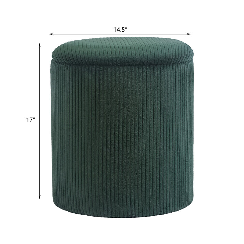 16.9 Inches Height Upholstered Round Storage Ottoman, Dark Green Corduroy