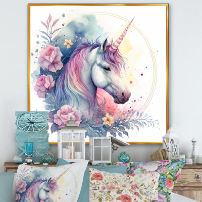 Adorable licorne pastel entourée de fleurs III - cheval, art mural