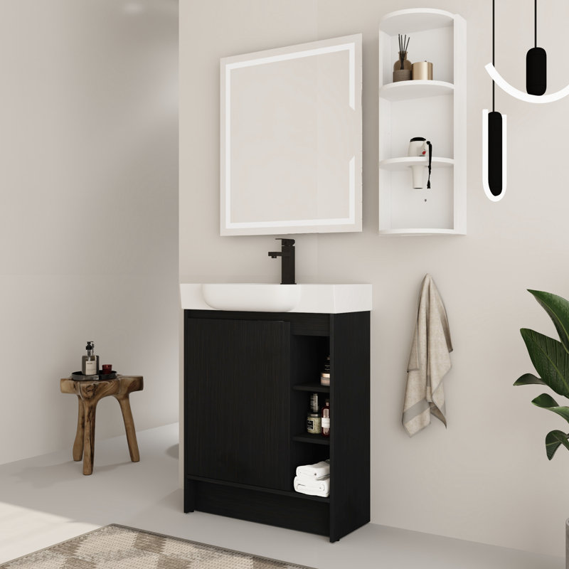 Ensemble de meuble-lavabo simple autoportant 28 po Denston et support de rangement mural 12 po, Noir châtaignier