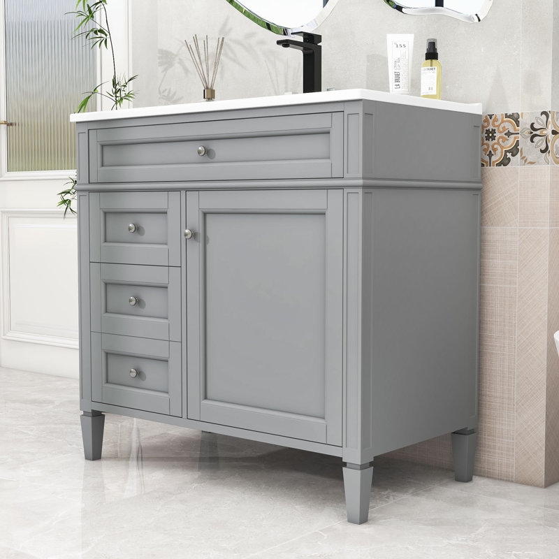 Armoire de salle de bain 2 tiroirs avec lavabo supérieur en bois Serish, Gris
