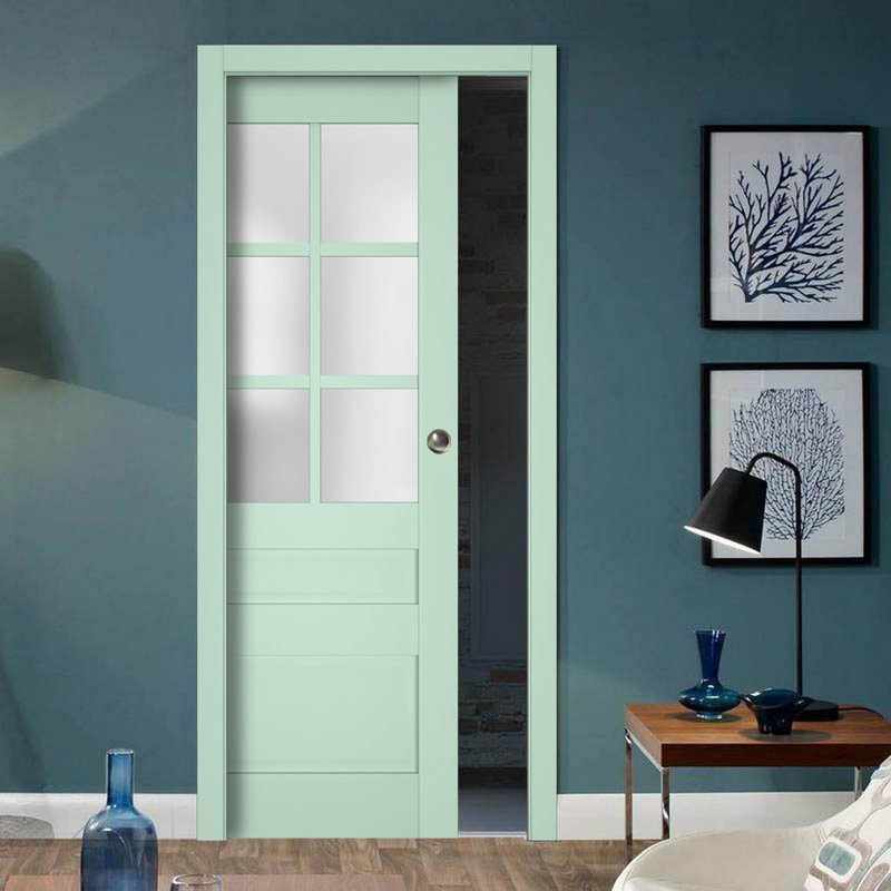 Porte coulissante à galandage avec verre dépoli Veregio 7339 Oliva Ensemble de garnitures, quincaillerie et rail en bois massif pour chambre à coucher, portes robustes - 61 cm x 203 cm