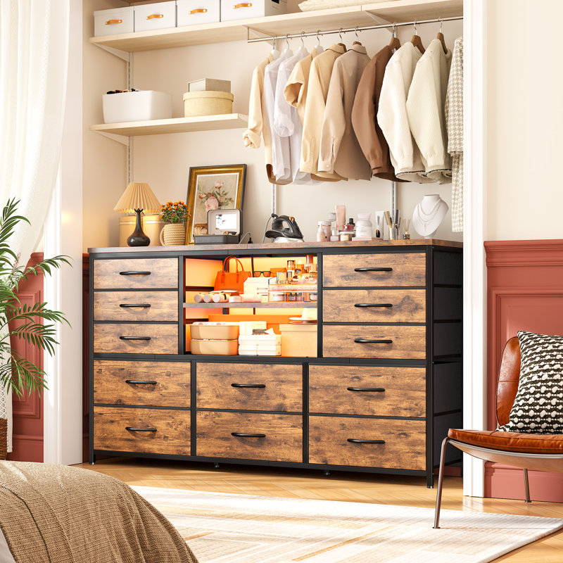 Dresser For Bedroom With Power Outlets And Led Lights, 12 Drawers Tv Stand Dressers With 2 Tire Shelves, Brown
