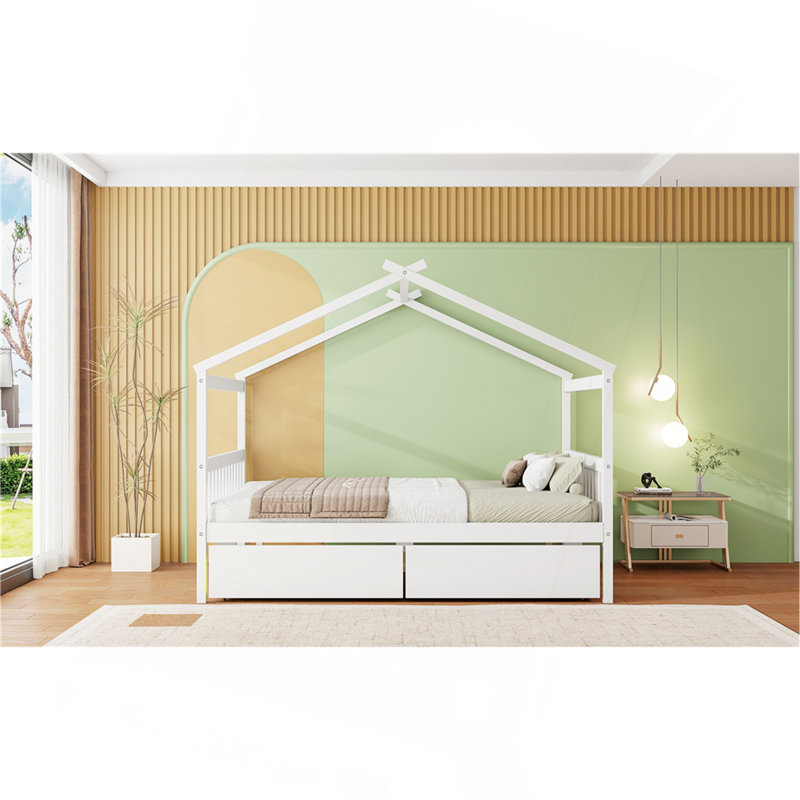 Lit double en bois avec tiroirs, Lit double, Blanc