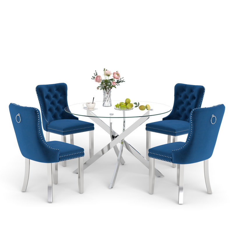 Ensemble de salle à manger Keyari, H 29,5 po x L 36 po x l 36 po, Bleu, Argent