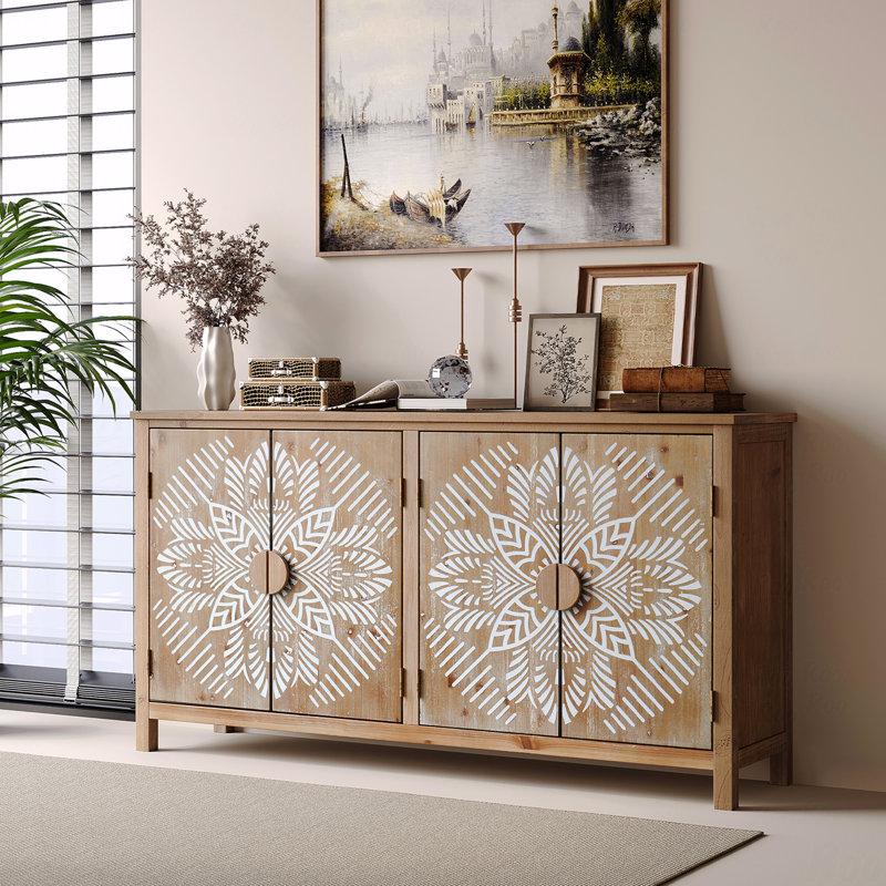 Buffet, moderne antique, bois, 60 po, 4 portes, décor avec portes, garde-manger brun et blanc, média, console