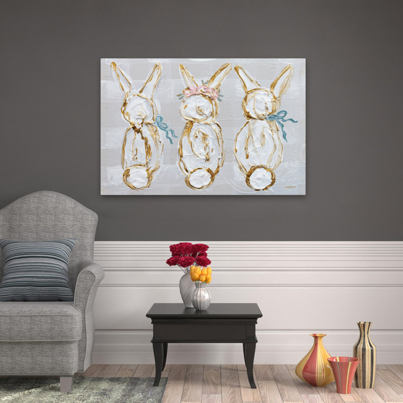 Bunny Trio - Lapins de Pâques contemporains, art, H 32 po x l 48 po