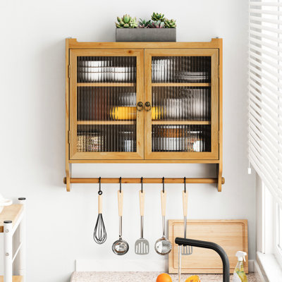 Armoire murale 24,8 po à deux portes rétro avec rangement à trois niveaux et porte-serviettes, idéale pour la salle de bain, la cuisine, la salle à manger, couleur bois naturel, fabrication en verre massif, tablettes amovibles, facile à