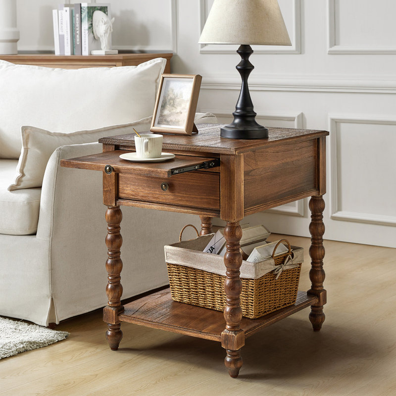 Lashena 26" Solid Wood End Table with Charging Outlets