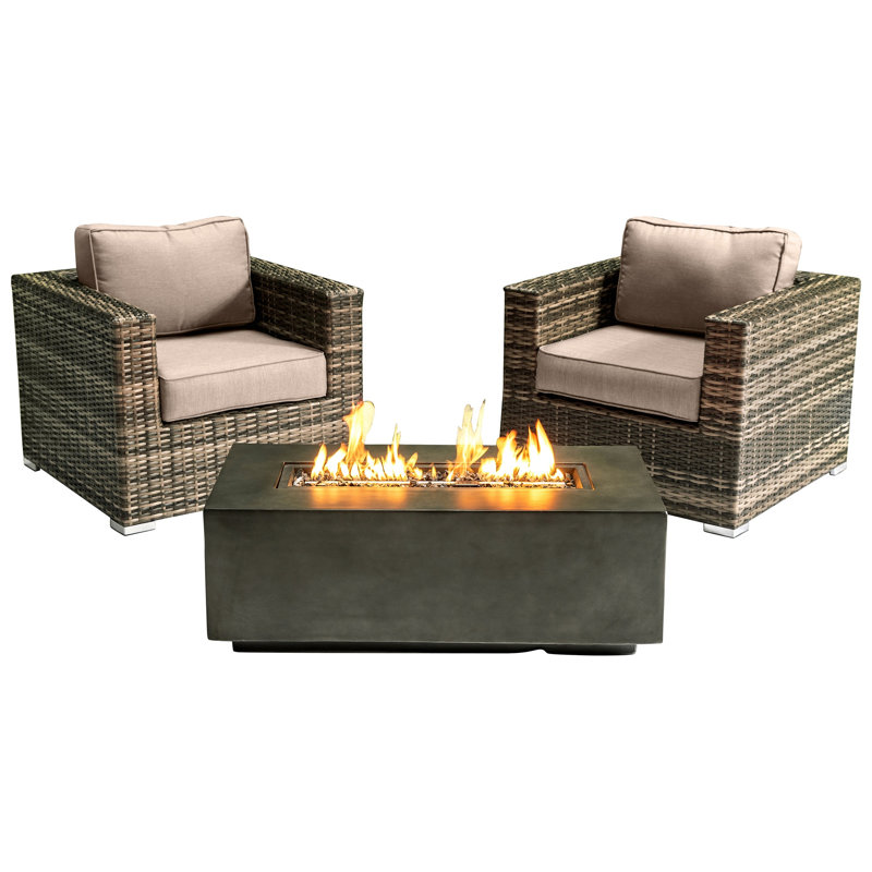 Ensemble de conversation pour 2 personnes avec coussins Sunbrella et foyer rectangulaire en béton Lsi, Beige