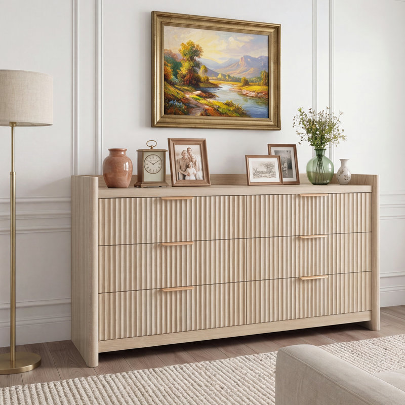 Commode de chambre à coucher à cannelures modernes de 55,1 po de largeur à 55 tiroirs, commode en bois de chêne naturel avec poignées en métal
